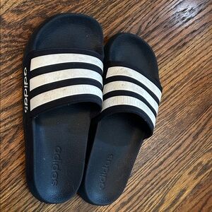 Adidas Black and White Striped Slides